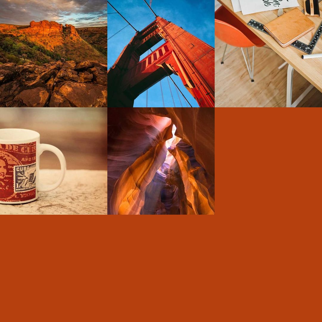 Five photographs of rust-colored things, with four empty tiles in the color of the day